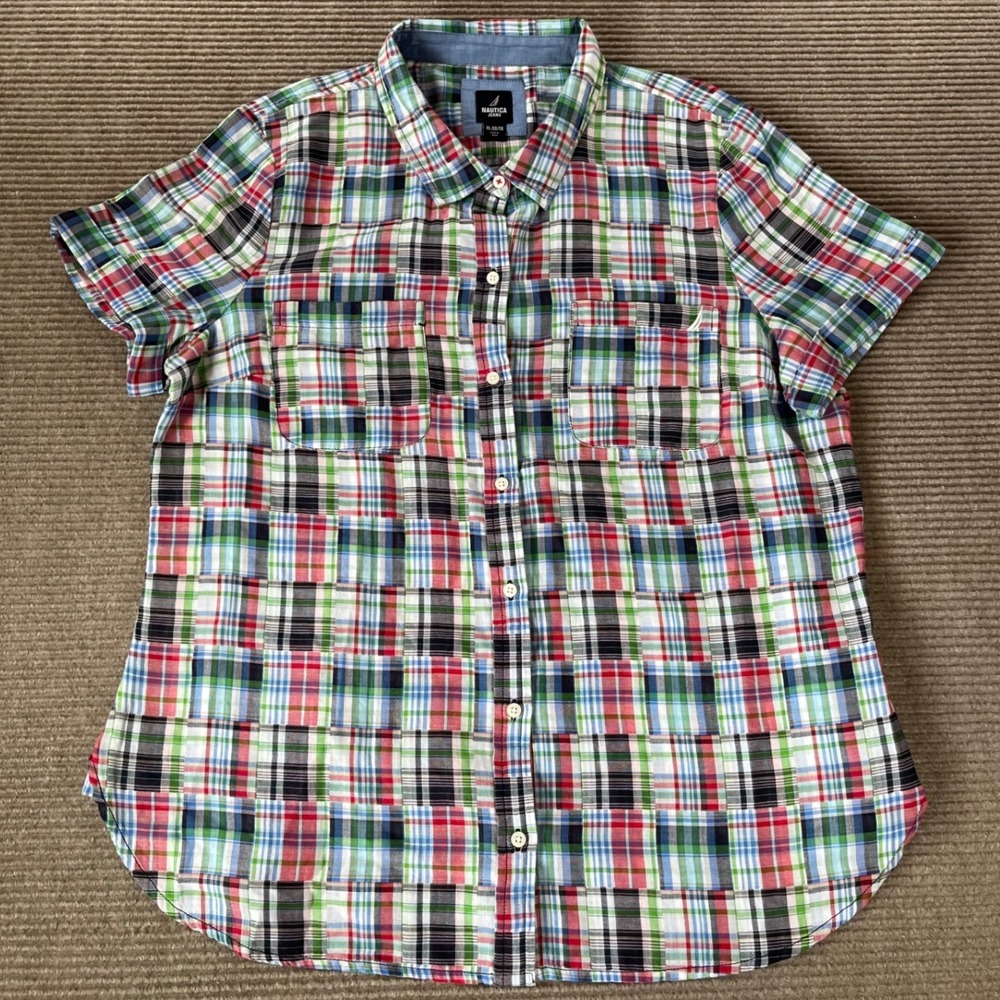 Nautica Jeans Mens Short Sleeve Button Shirt Madris VTG Y2K‎ Multi Sz XL